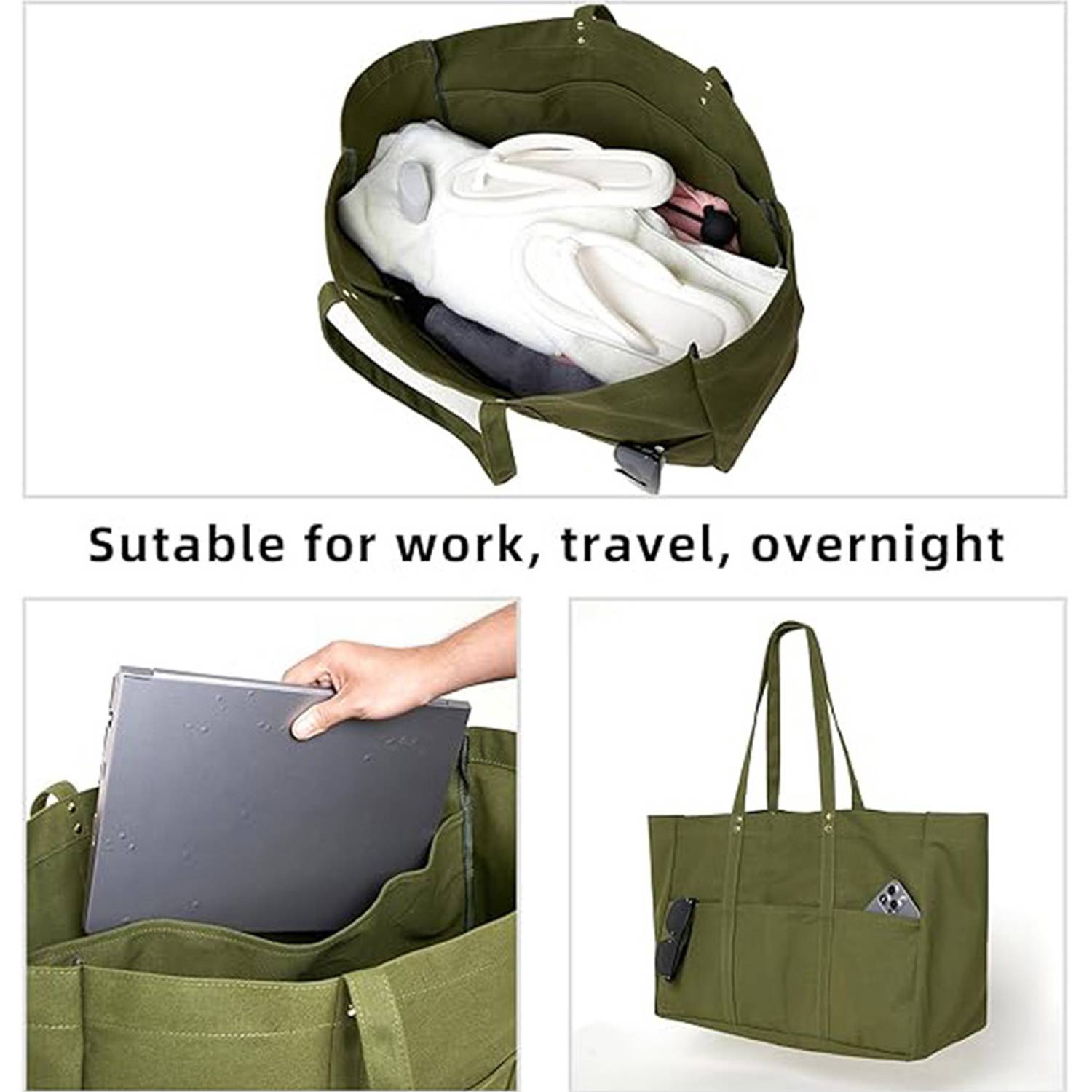 Large Capacity Canvas Tote Bag w/ Pocket for Work Travel, custom tote bag with logo imprint 6