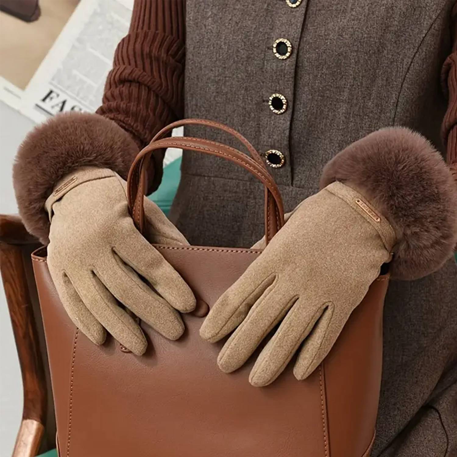 Women Winter Gloves w/ Touch Screen Fingers Faux Fur Cuff 2