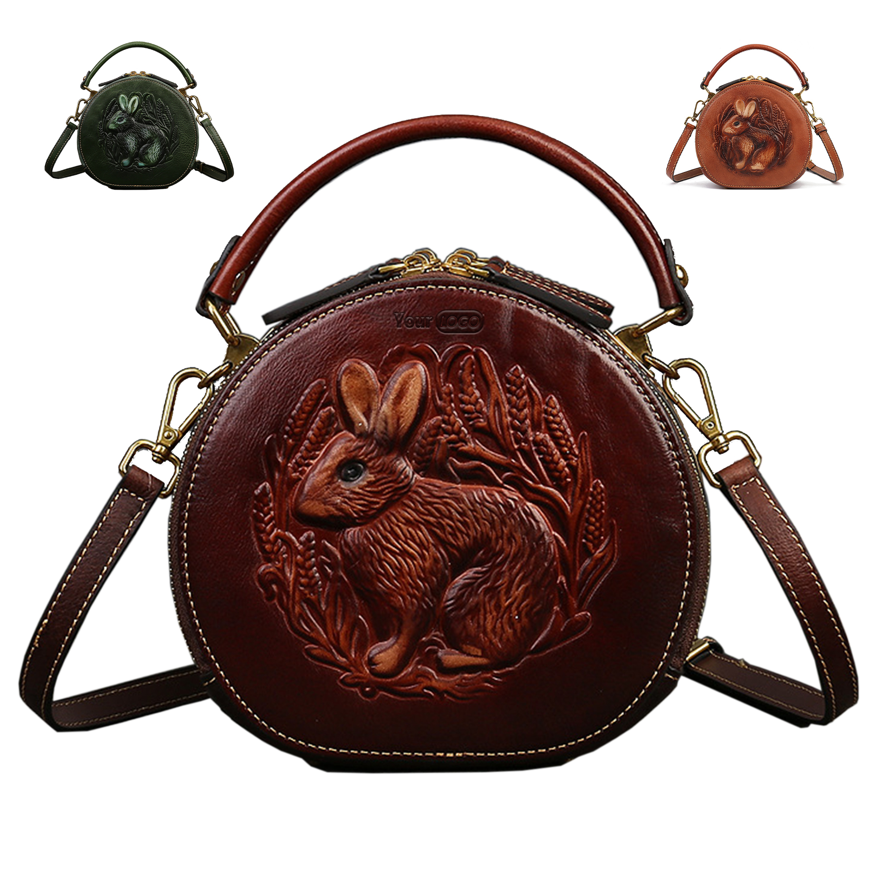 Genuine Leather Vintage bunny embossed diagonal shoulder bag 4