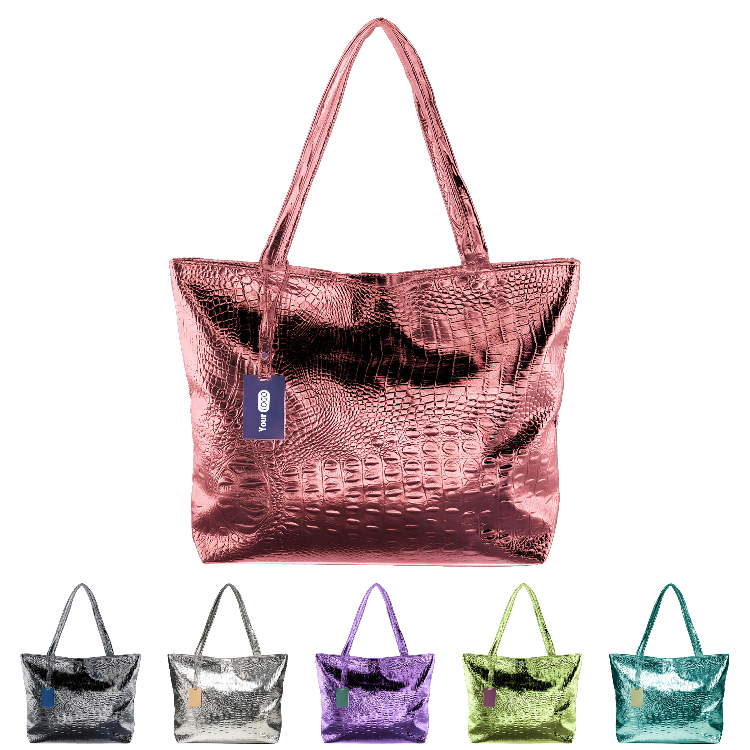Pu High-Gloss Metallic Tote With Croc Embossed Design 2
