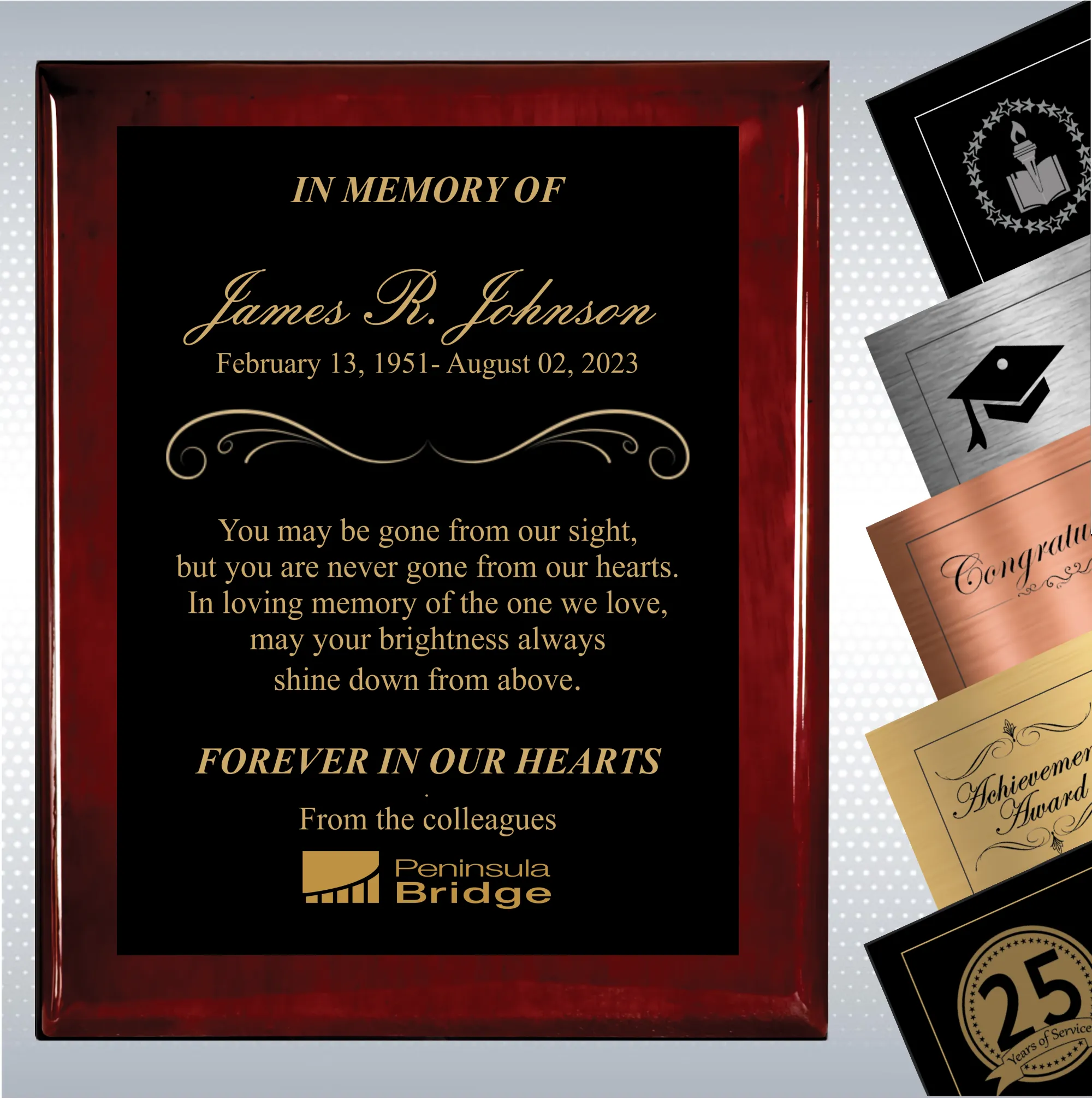 Rosewood Piano Finish Wood Personalized Memorial Plaque Gift 3