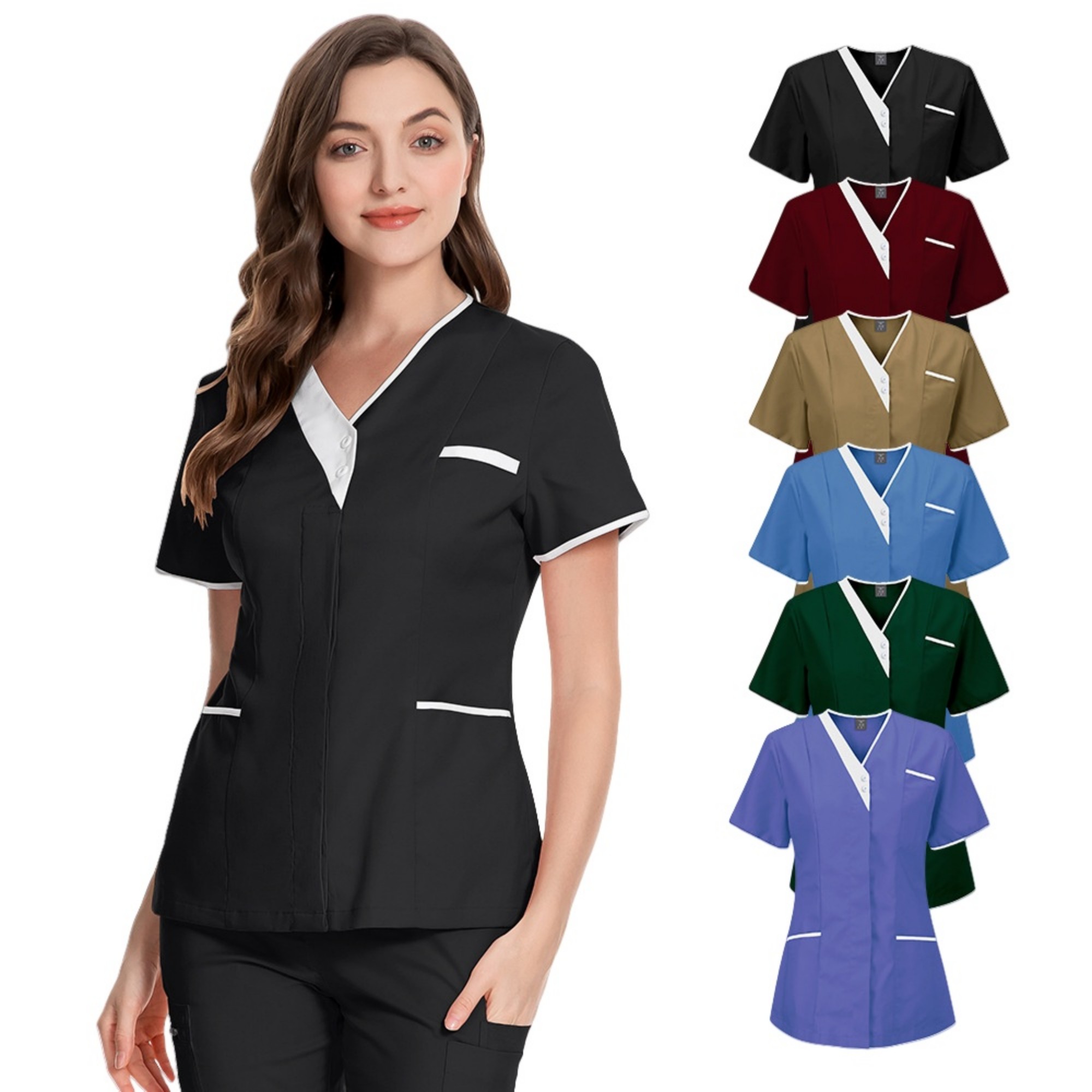 Solid Women V Neck Working Uniform With Pockets 7