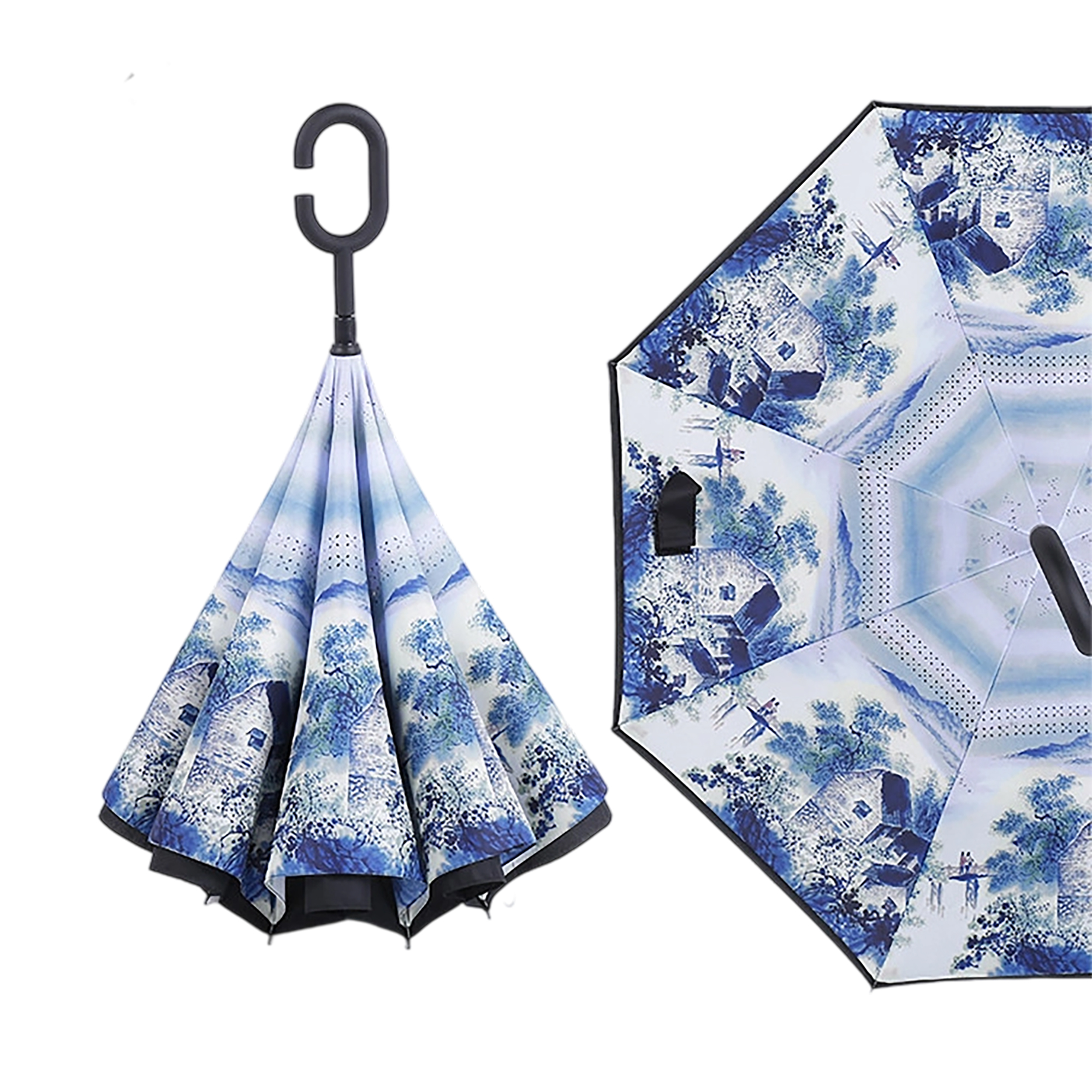 Double Layer Waterproof Reverse Folding Inverted Umbrella With Wrist Handle 42" X 31.5" 8
