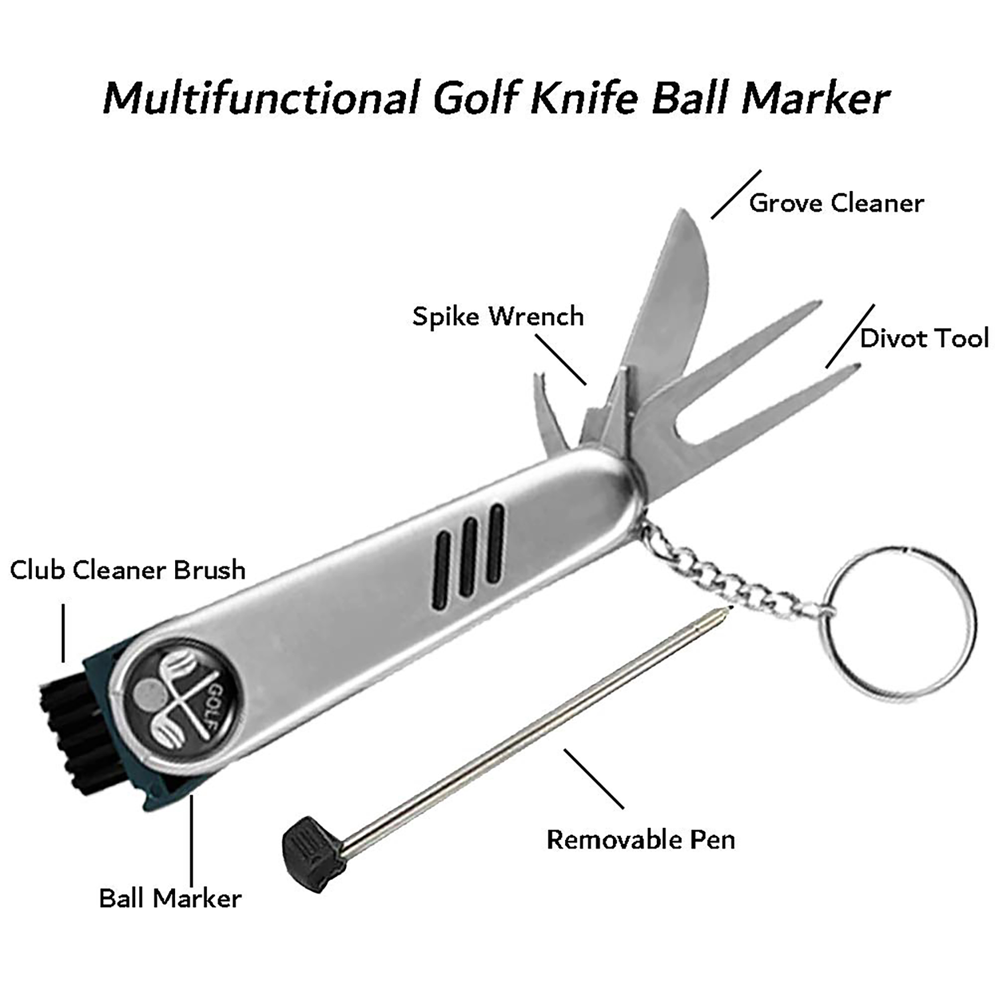 7-in-1 Stainless Steel Golf Tool with Key Ring and Multiple Functions 6