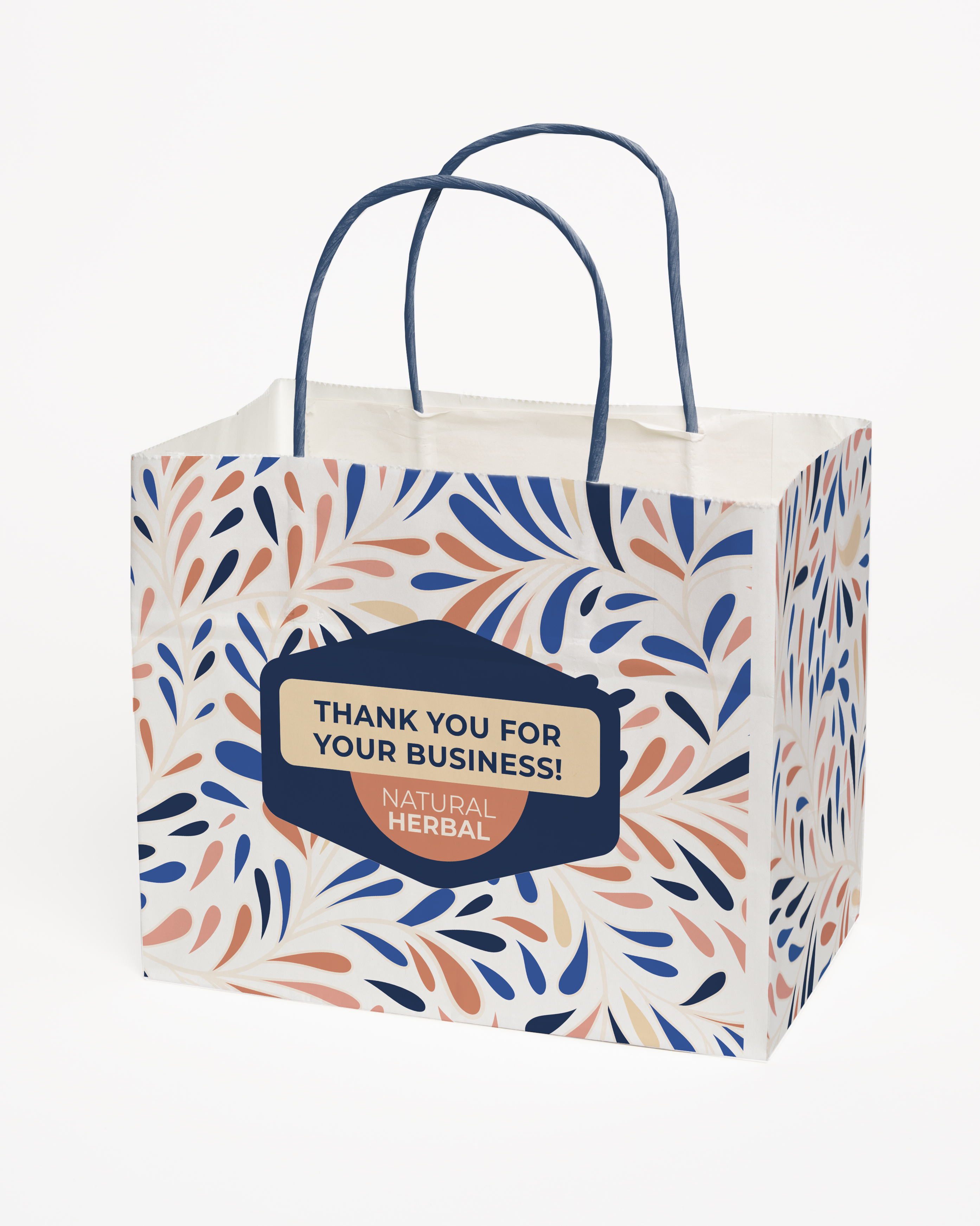 Multi-Sided Full Color White Shopper Paper Bag - Blue Handle (8.5"x 7.25"x 5") 2