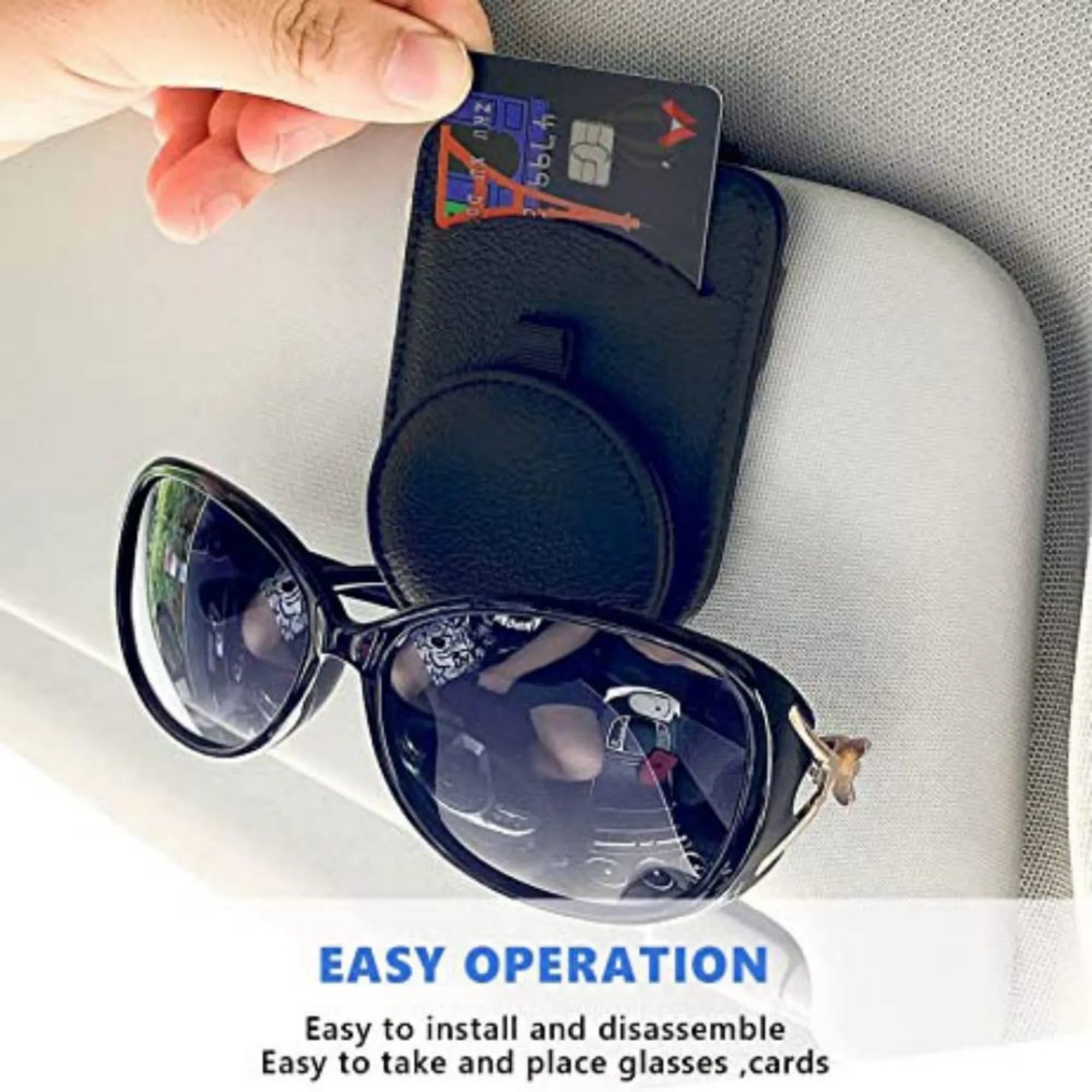 Full Grain Leather Glasses Clip ETC Card Holder for Car 2