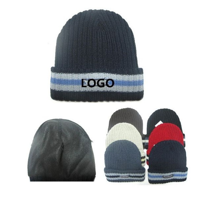 Knit Beanie Hat with Stripe Cuff 2