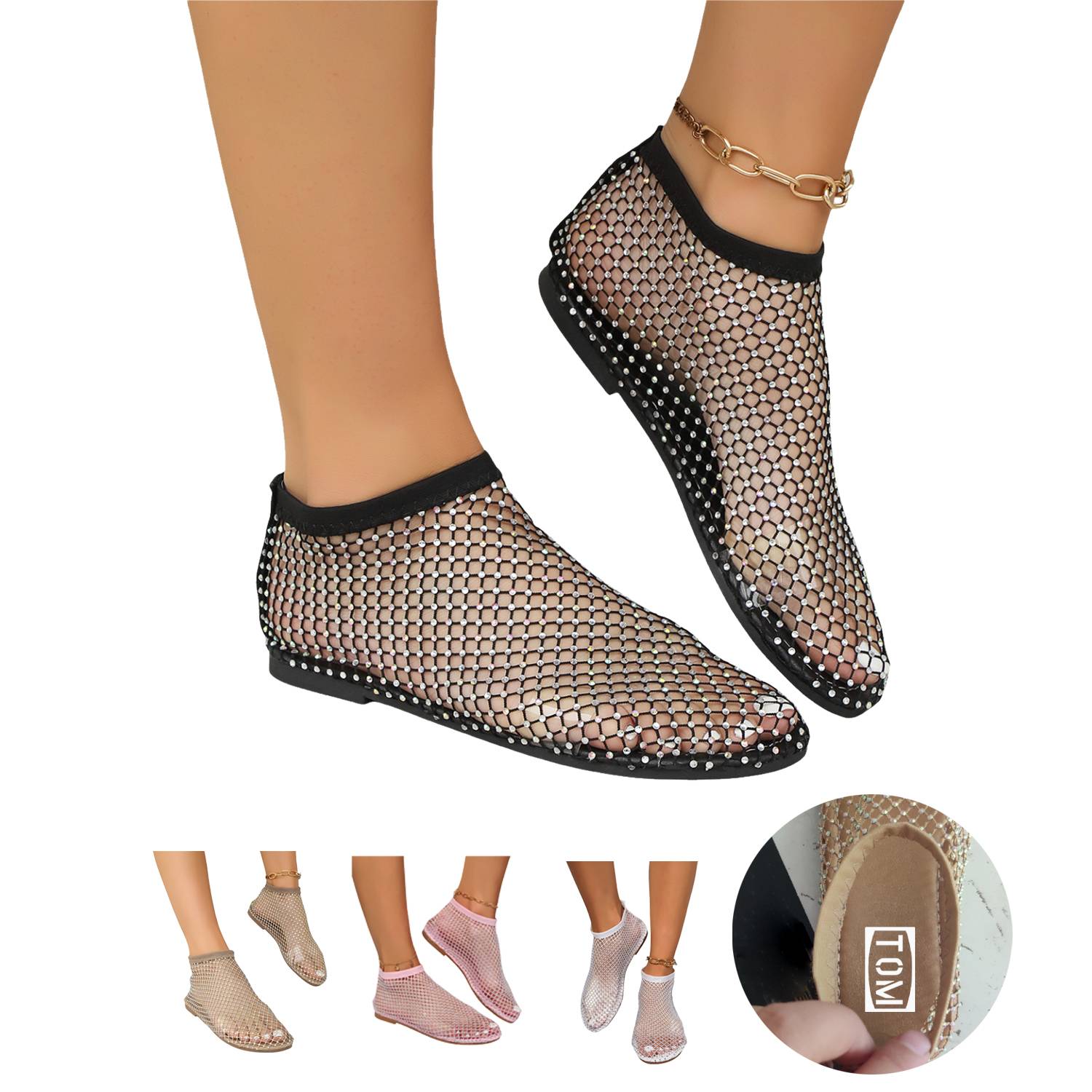 Comfortable Mesh Rhinestone Large Women's Flat Sandals 9