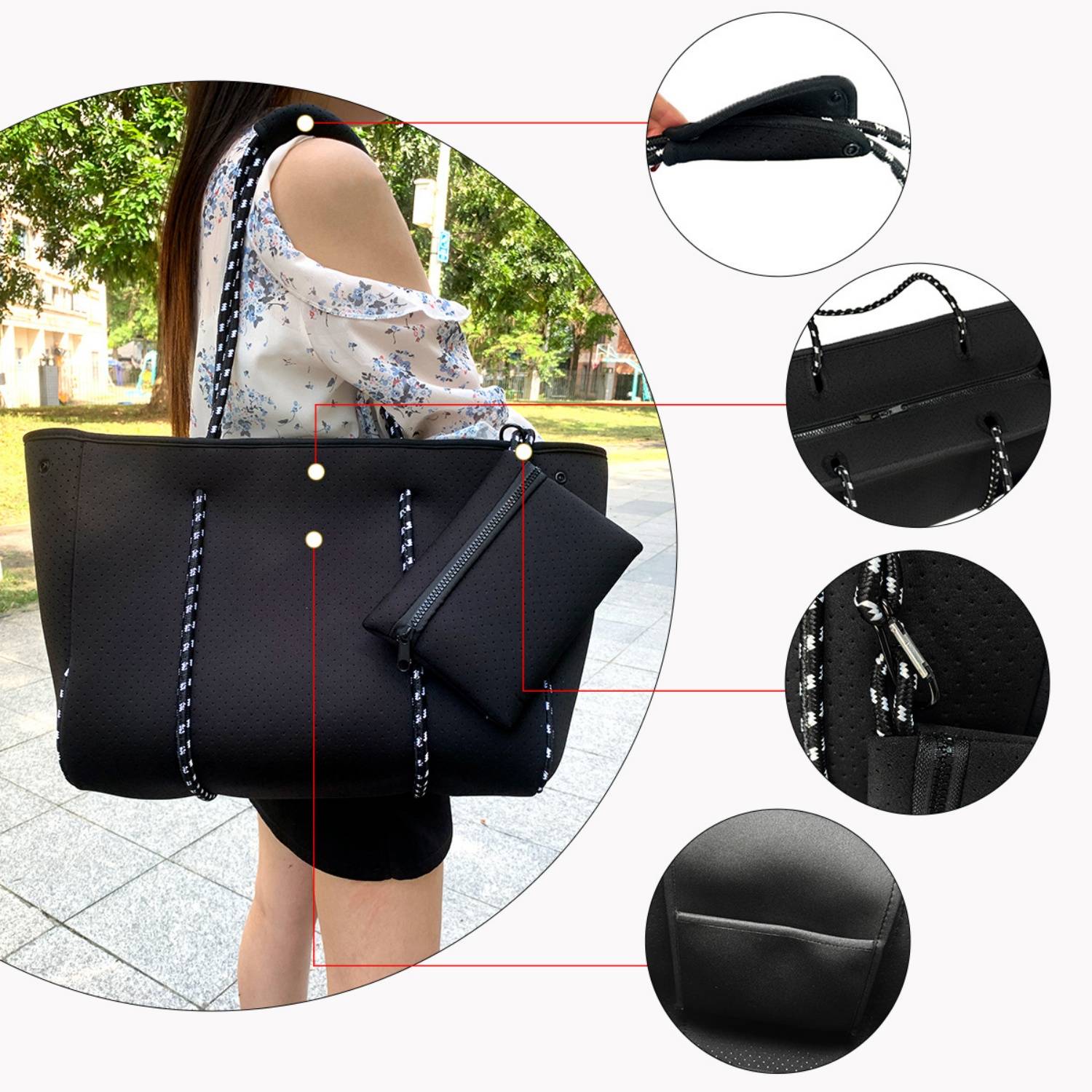 Women's Neoprene Tote Bag w/ Pocket for Beach Travel 14
