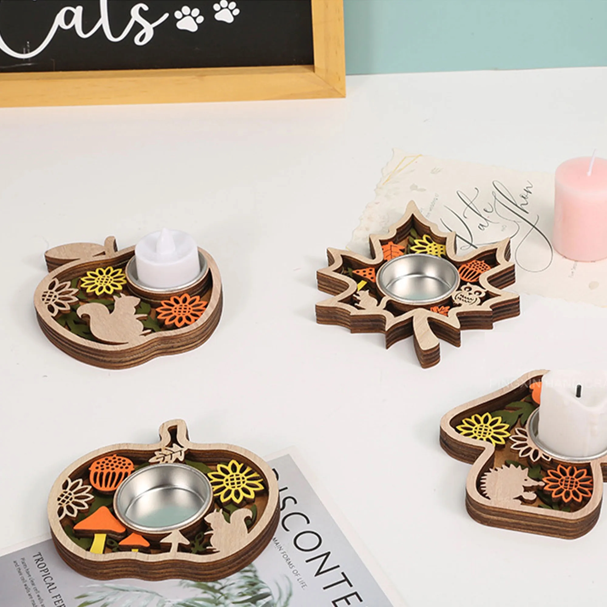Festive Layered Wooden Candle Holder With Cutouts 2