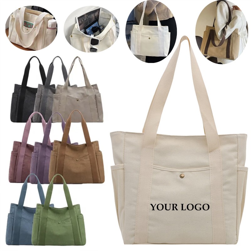 Tote Cotton Canvas Bag With Pockets Solid Large Capacity For Woman, custom tote bag with logo imprint 4