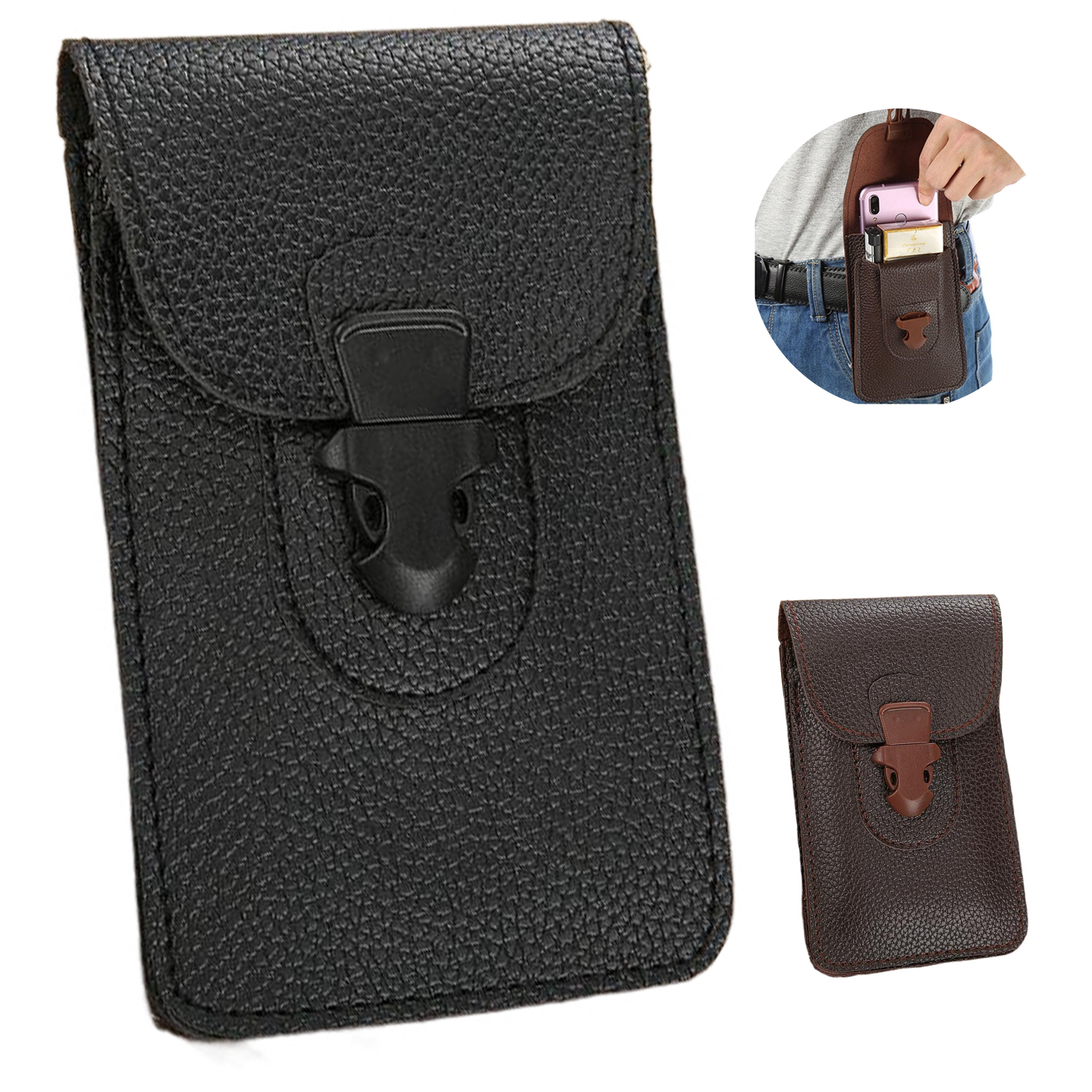PU Leather Vertical Phone Waist Bag w/ Carabiner 8