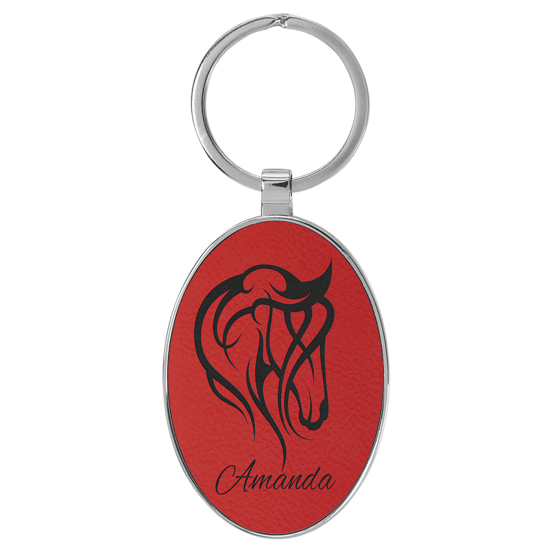 3" x 1 3/4" Leatherette/Metal Red Oval Keychain 2