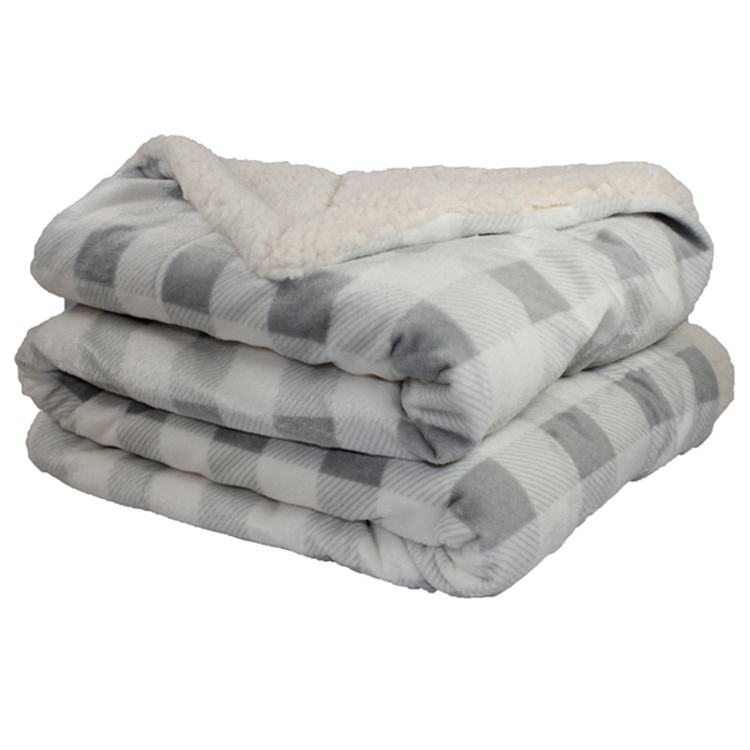 Grey and Ivory Plaid Sherpa Blanket 1
