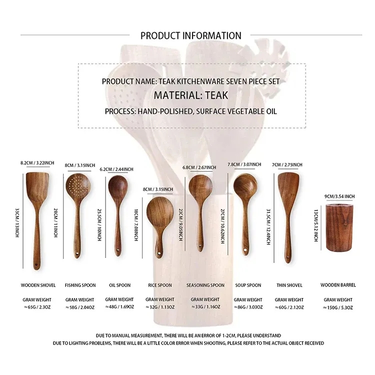 8 Pcs Eco-Friendly Natural Teak Wooden Spoon Spatula Set 6