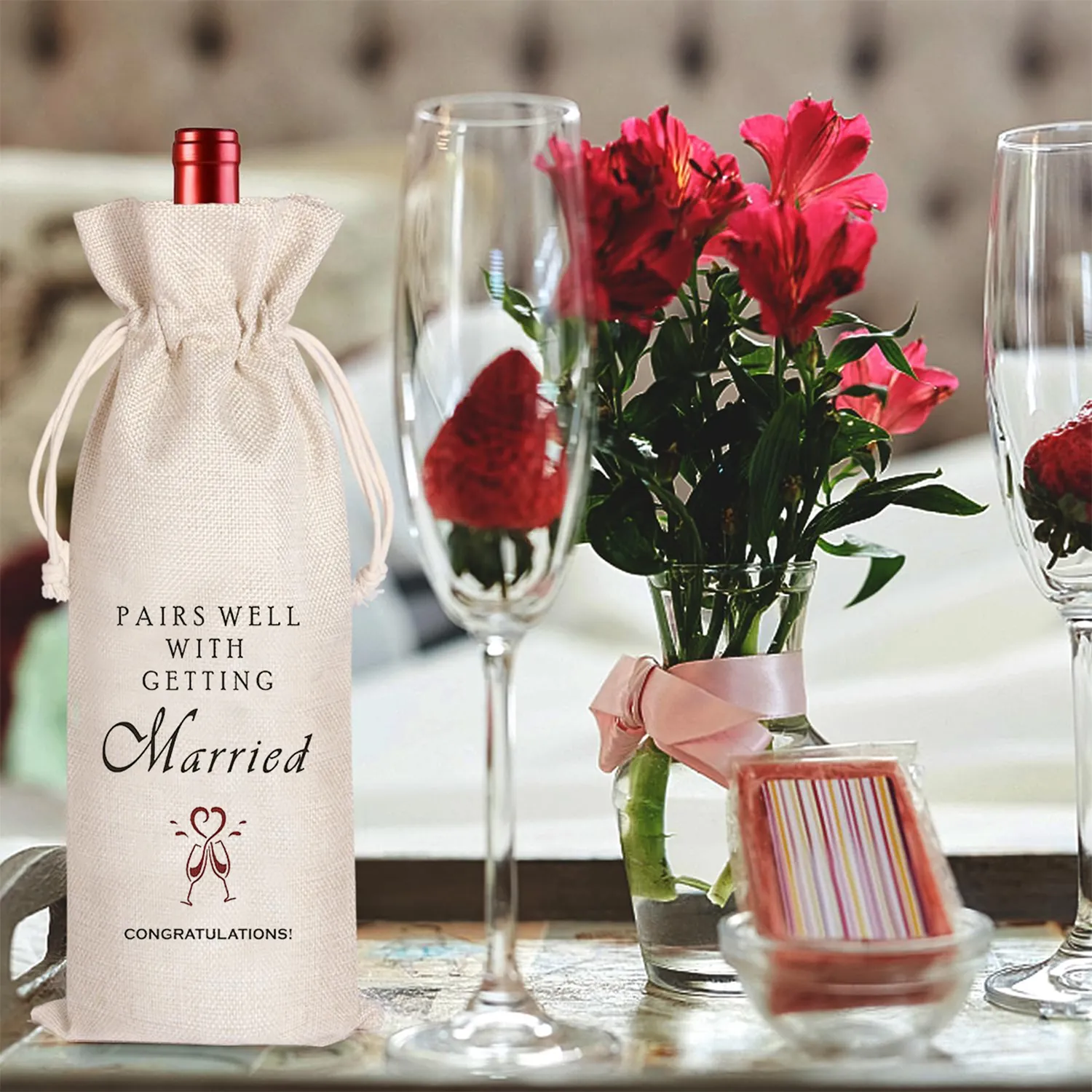 Burlap Drawstring Wine Bag 5