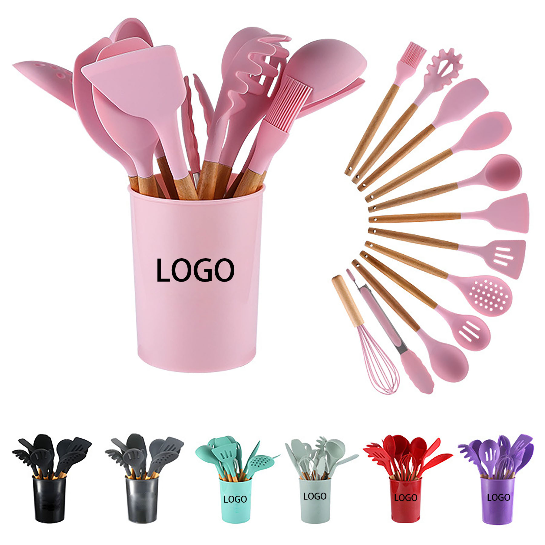 12 Pcs Non-stick Silicone Cooking Kitchen Utensils Spatula Set w/ Holder Wooden Handles 8