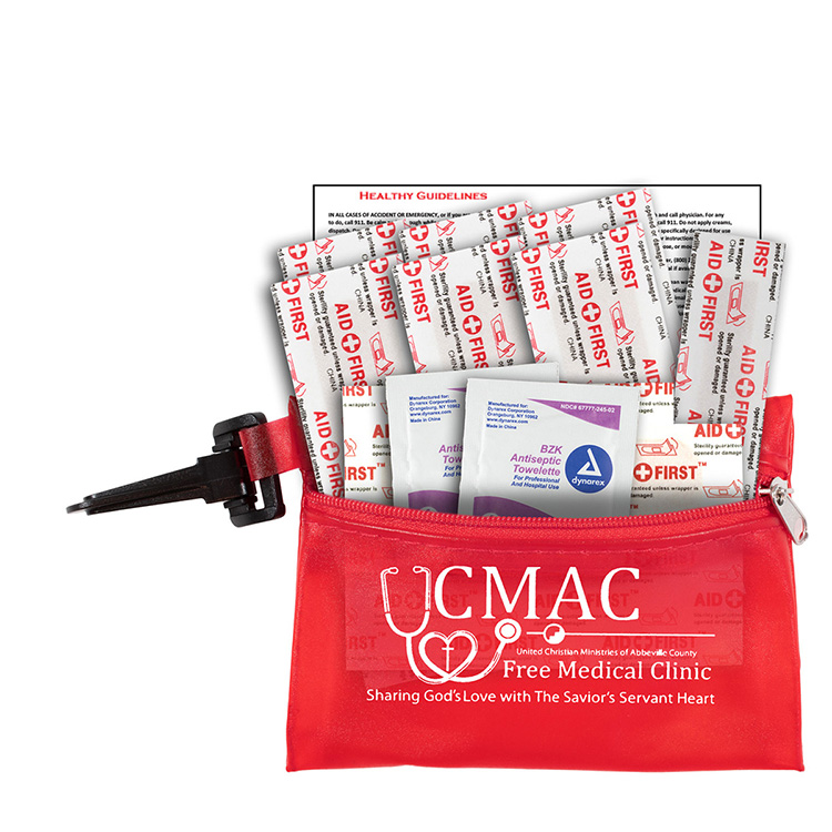 "TROUTDALE" 13 Piece First Aid Kit inTranslucent Zipper Kit with Plastic Carabiner Attachment 15