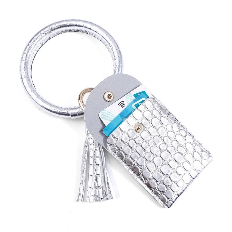 PU Leather Tassel Bracelet ID Credit Cards Holder Keychain 3