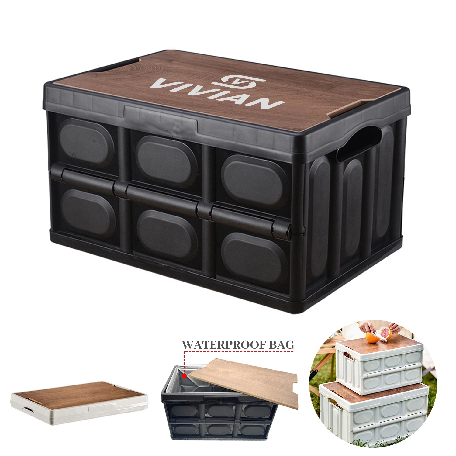 55L Collapsible Bin W/ Wooden Lids & Waterproof Liner Bag 1