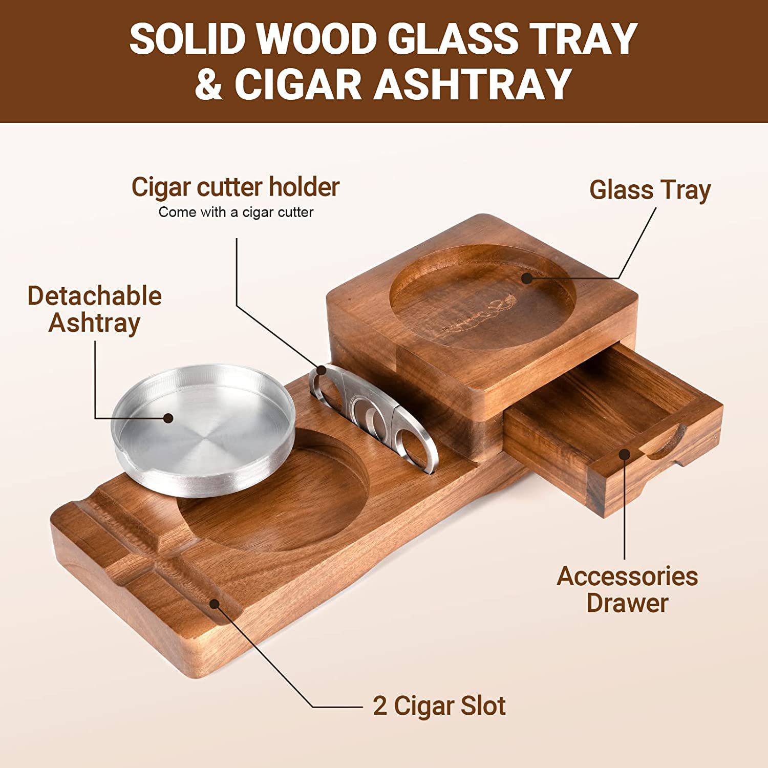 Drawer Style Cigar Cutter Whiskey Cup Holder Wooden Ashtray 2
