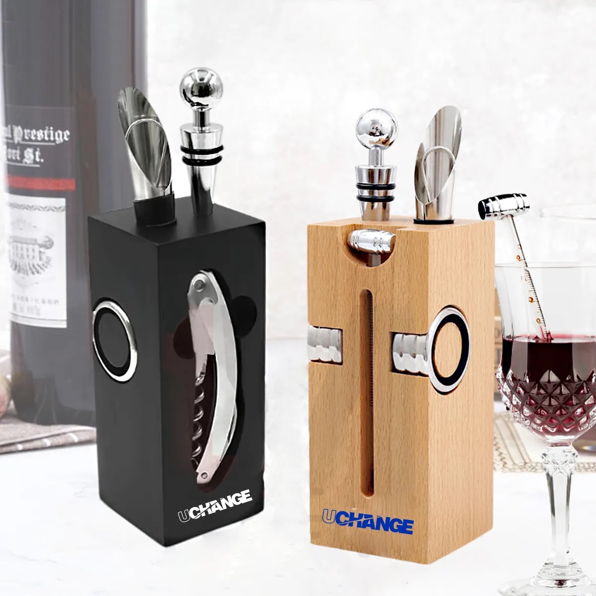 Bamboo Wine Tool Set With Corkscrew Stopper Pourer 6