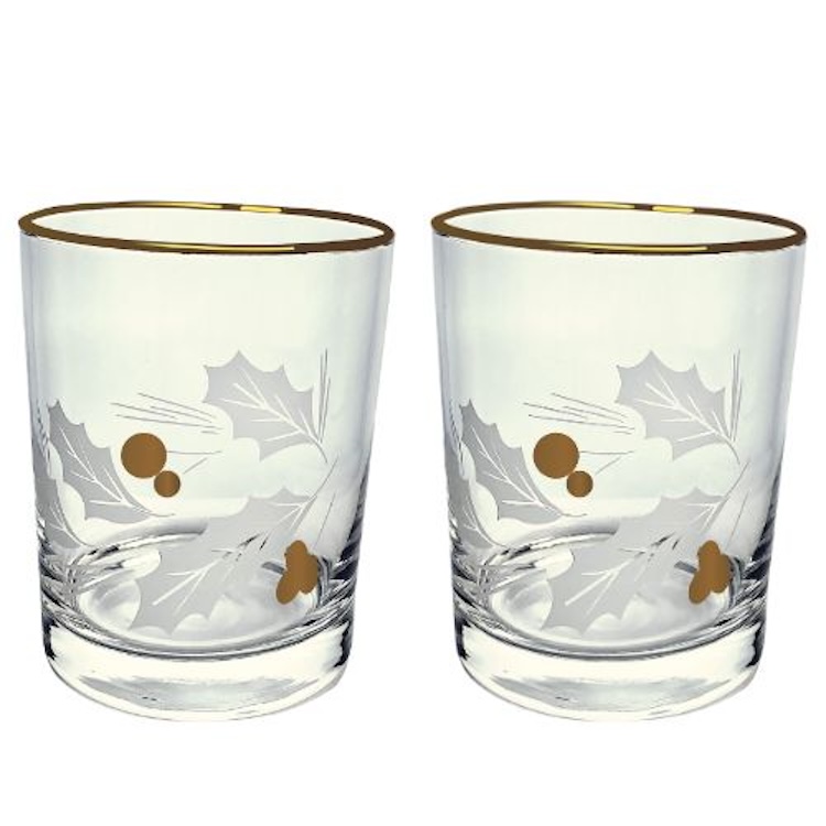 Vintage Satin Etch Holly Leaves & Gold Berries Glasses 2