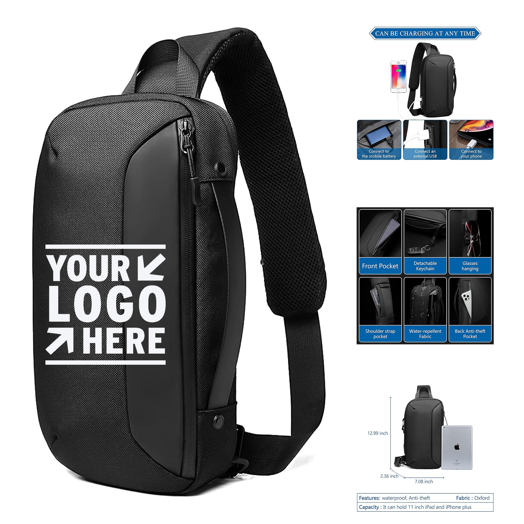 Men Large-Capacity Shoulder Backpack Crossbody Sling Casual Chest Bag With USB Charging Port  2