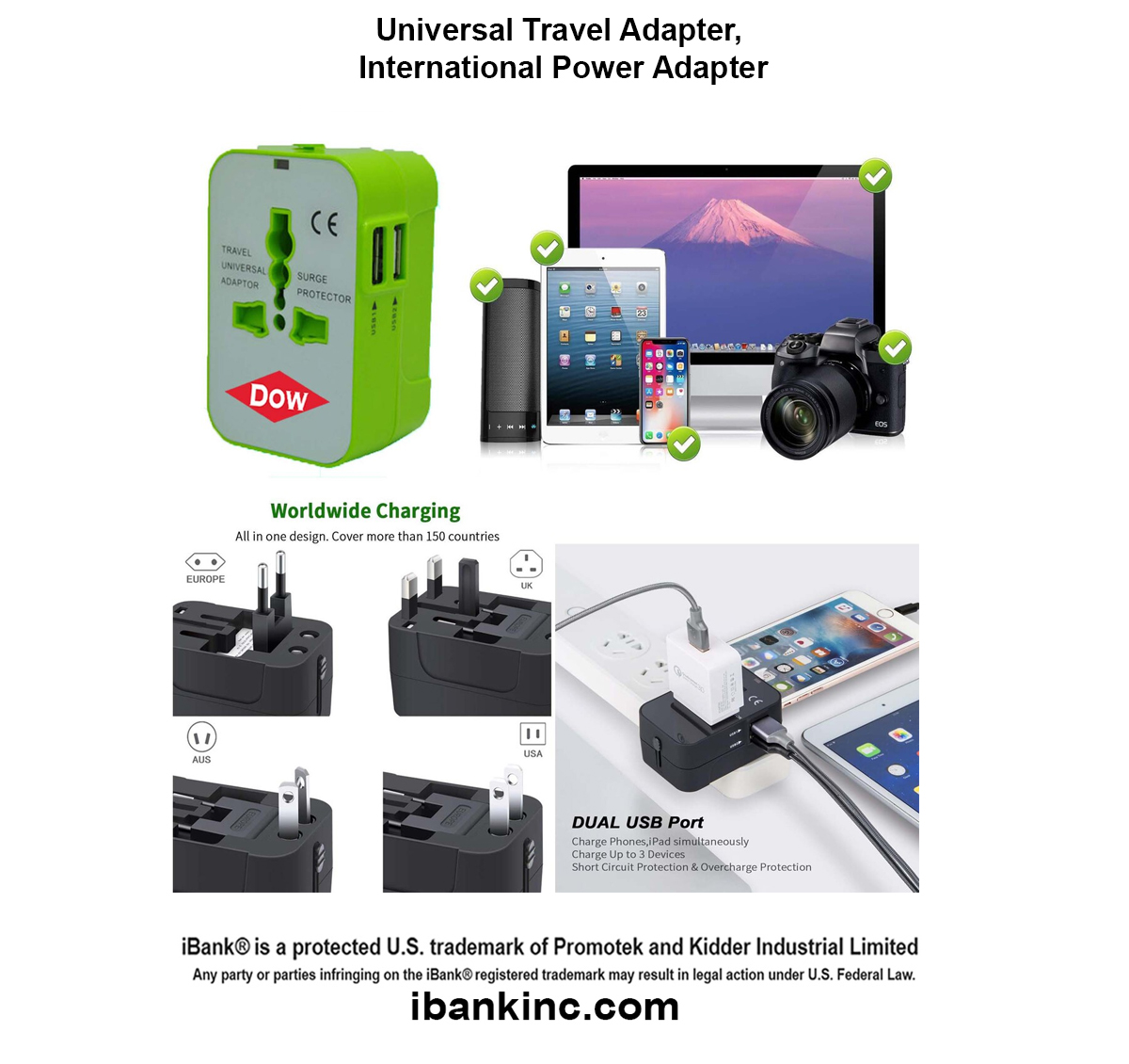 iBank® Universal Travel Adapter USB C, All in One Worldwide Plug Adapter 1