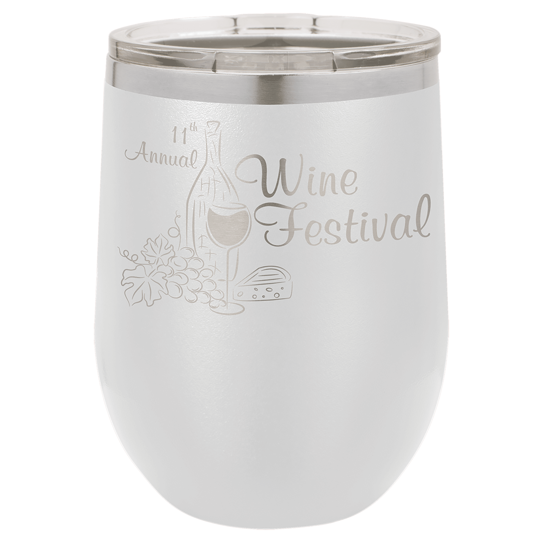 12 oz. White Laser Engraved Polar Camel Stemless Wine Tumbler w/Clear Lid 2