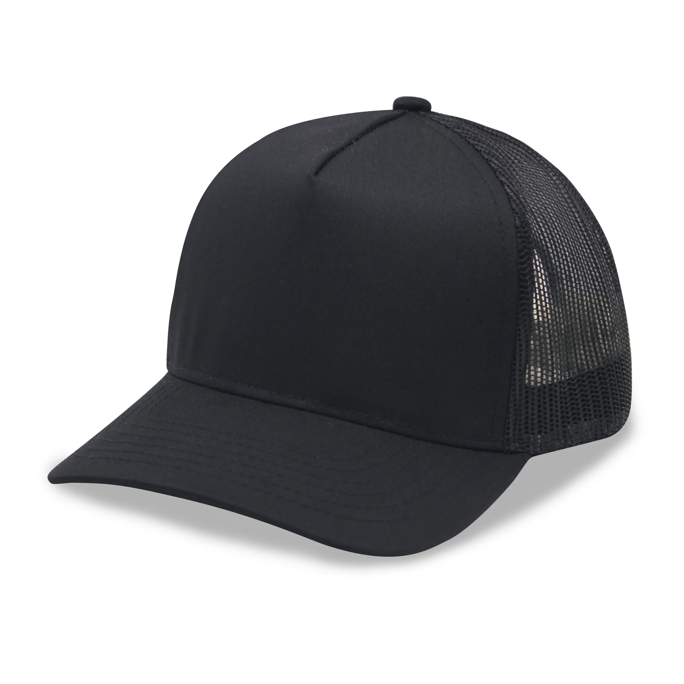 A frame 5 Panel High Profile Curved Visor Trucker Cap