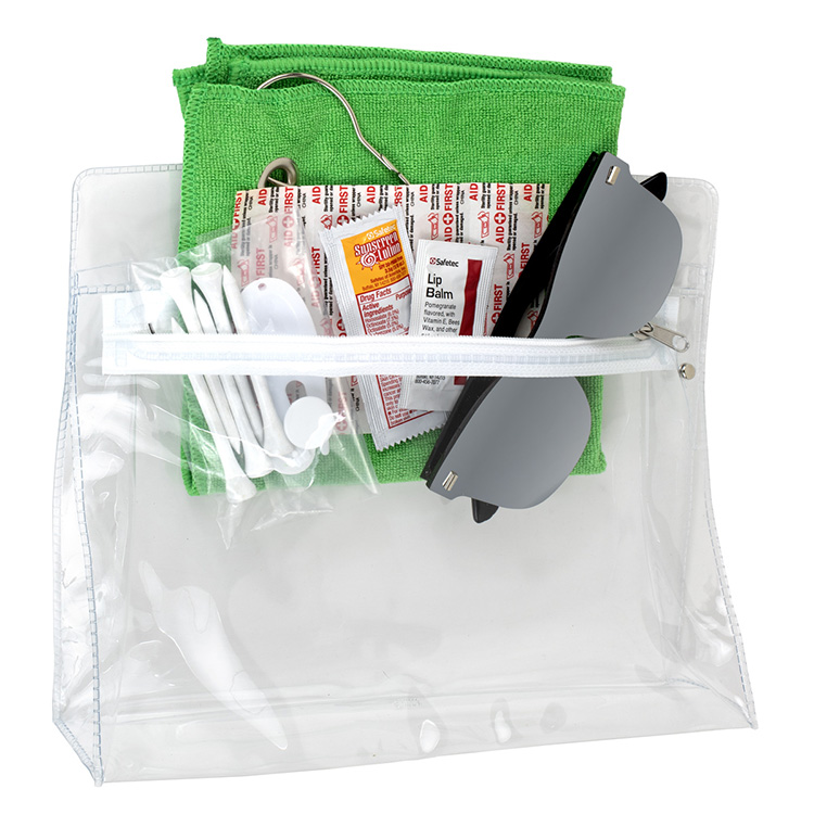 "LAYOVER" 16 Piece Golf Kit in Travel Pack with Components inserted into Zipper Kit 9