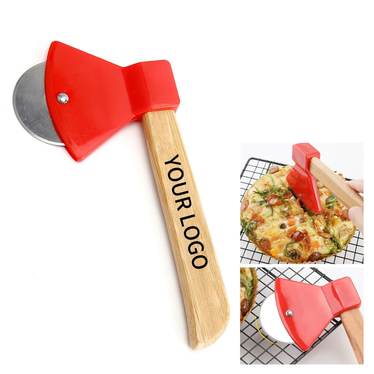 Pizza Cutter with Axe Style Blade and Bamboo Grip 3