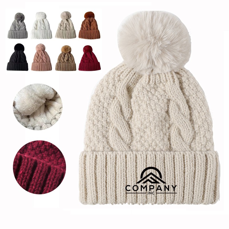 Knitted Hats Warm Plain Women Winter Faux Fur Ball Pom Pom Fashion Beanie Hat 2