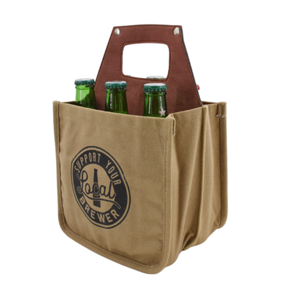 6 Pack Canvas Bottle Cooler w/Leather Handle 4
