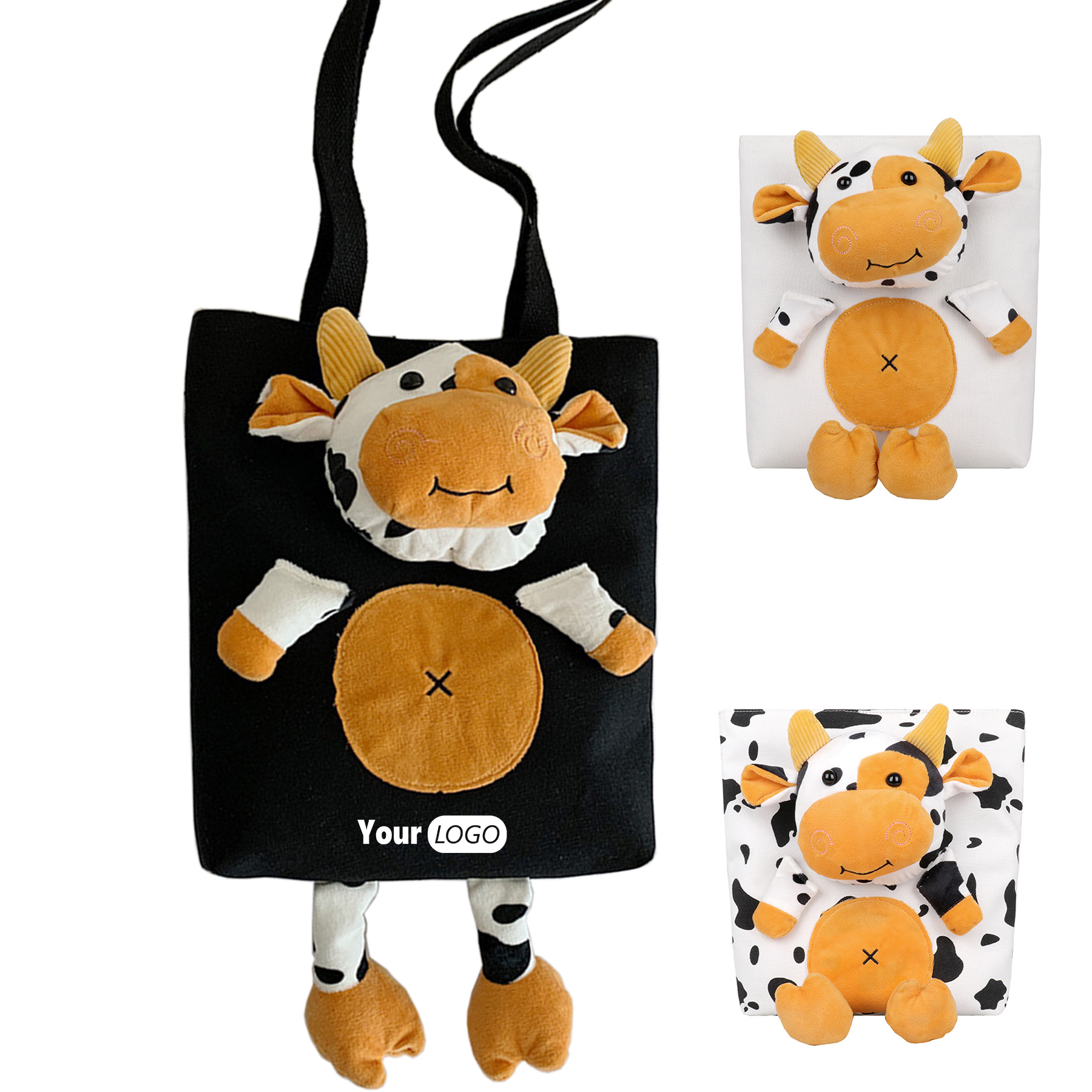 Canvas Cartoon cow large capacity tote bag 4
