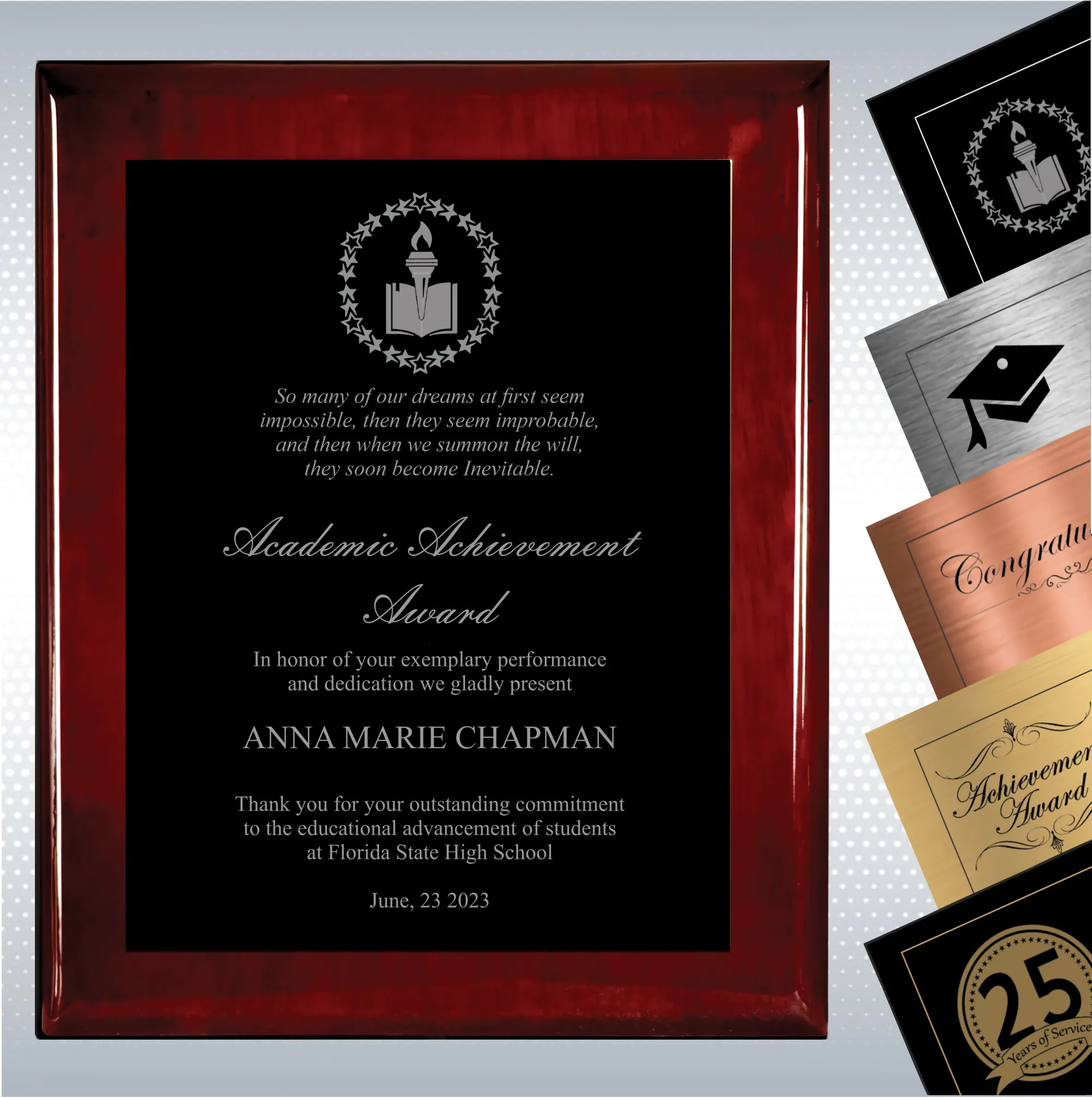 Rosewood Piano Finish Wood Plaque Academic Achievement 5