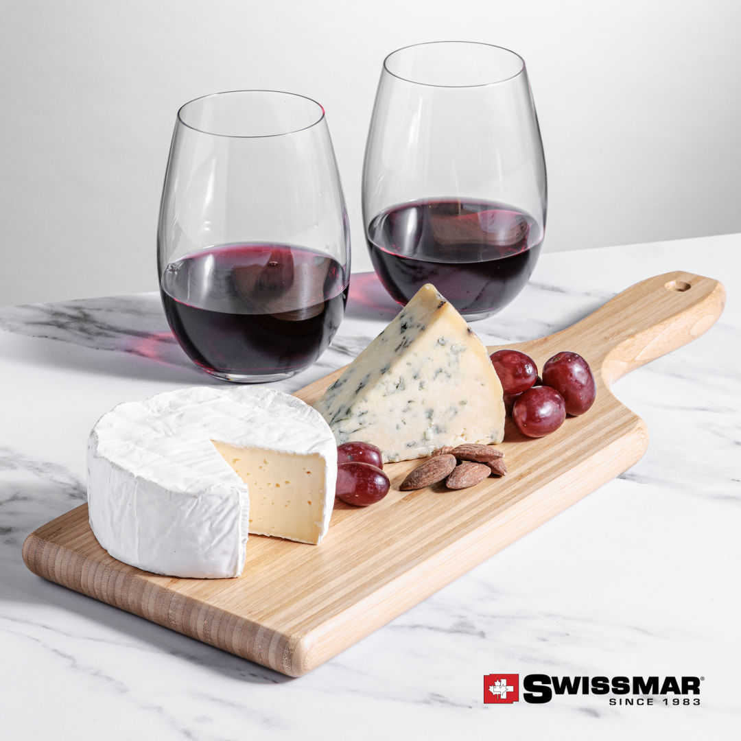 Swissmar® Bamboo Board & 2 Laurent Stemless Wine 4