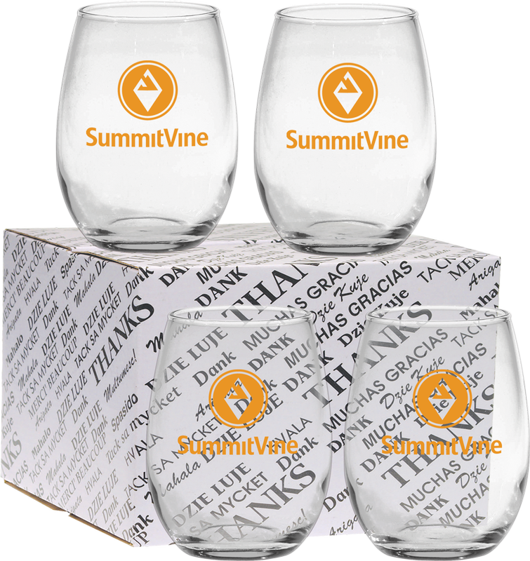 15 oz. Stemless Wine Glass Thank You Set 4