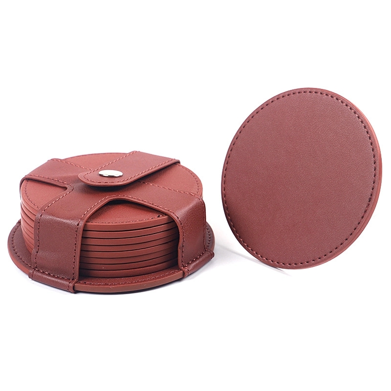 Custom 8 PCS Premium PU Leather Drink Coasters with Holder 4