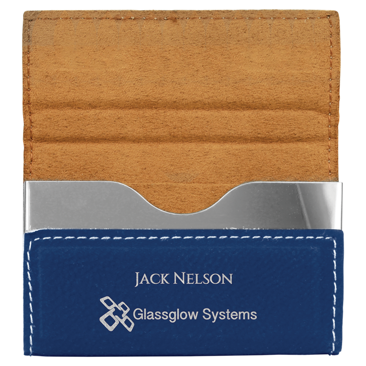 3 3/4" x 2 3/4" Blue/Silver Leatherette Hard Business Card Holder 6