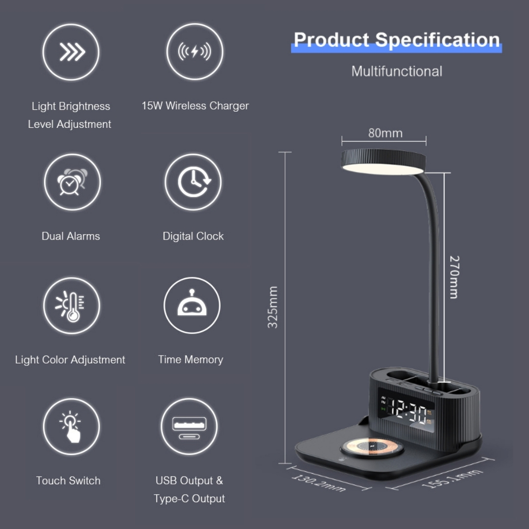15W Wireless Charger Desk Lamp with Alarm Clock, Pen Holder, and USB/Type-C Output 5