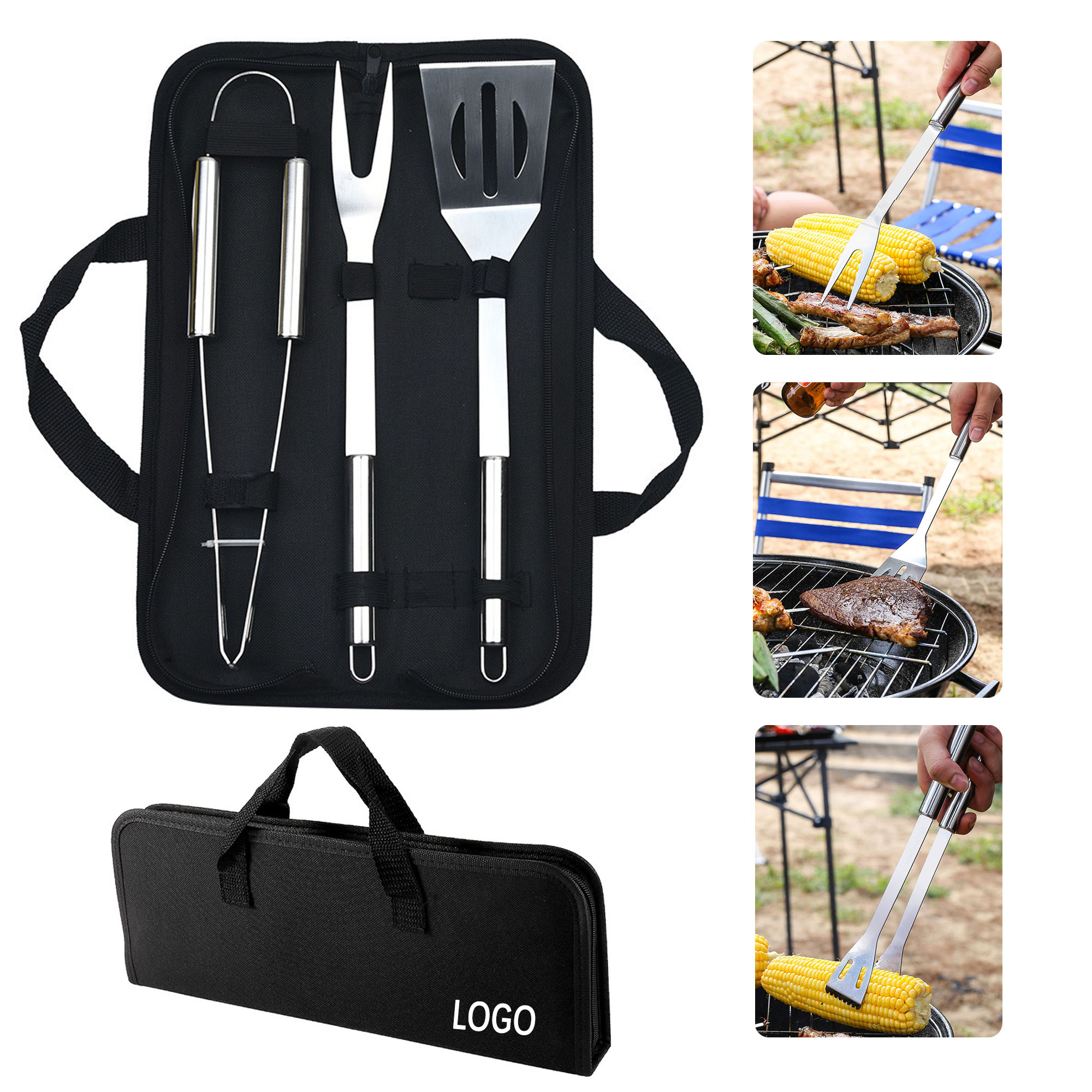Portable 3 Piece Stainless Steel BBQ Tools In Storage Bag 2