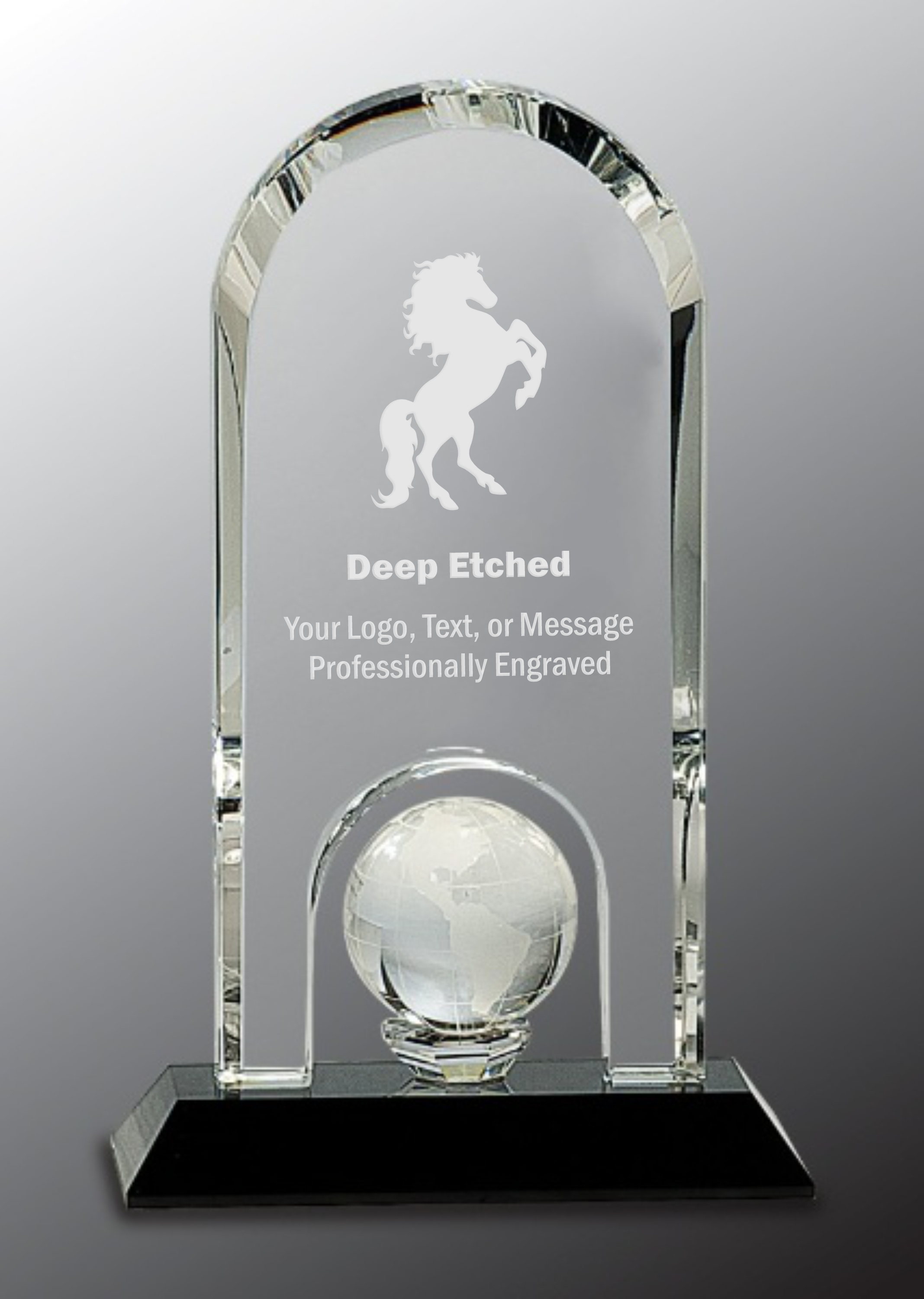 8 3/4" Clear Crystal Dome with Inset Globe Award on Black Pedestal Base