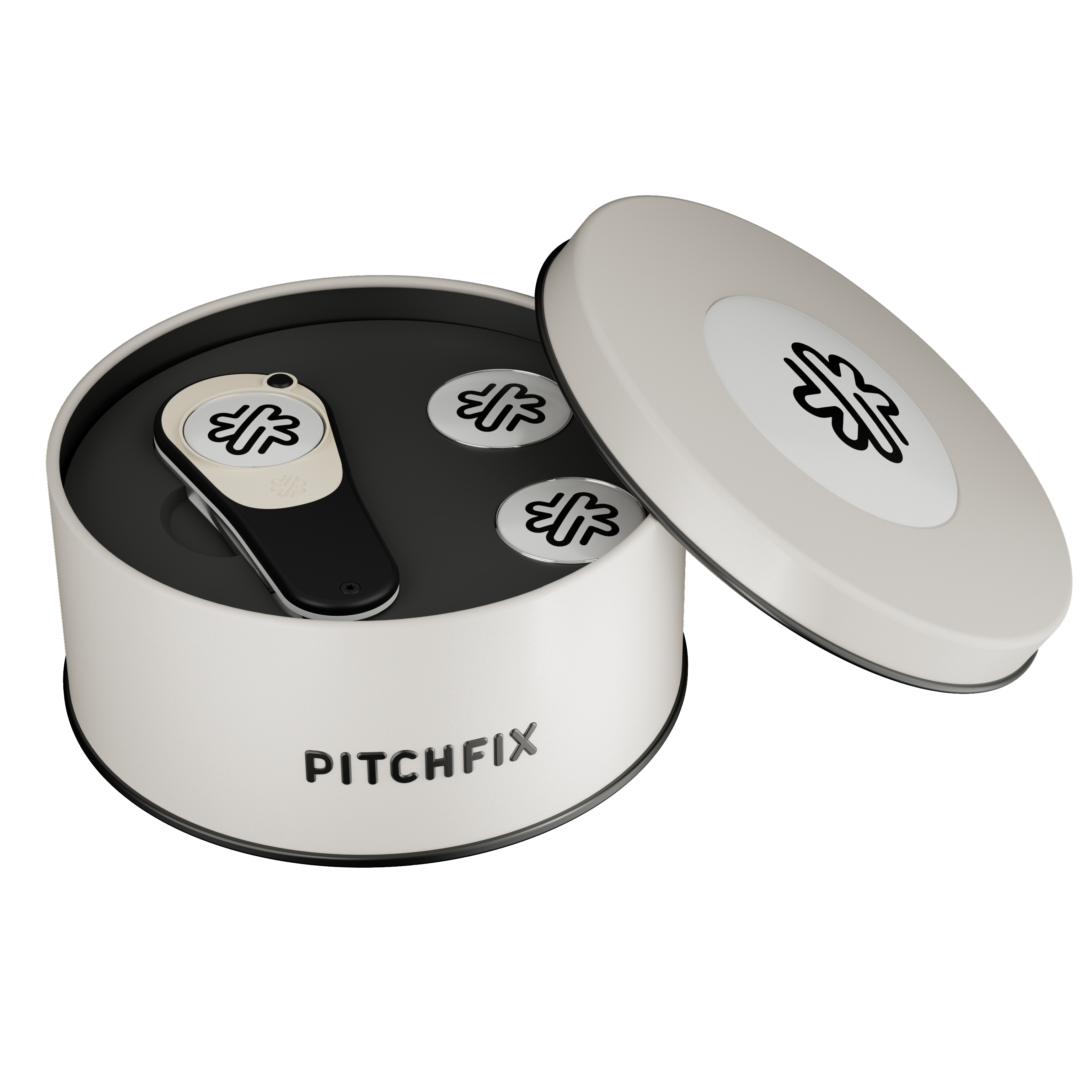 Pitchfix Icon Golf Divot Tool in Round Tin with Two Extra Ball Markers