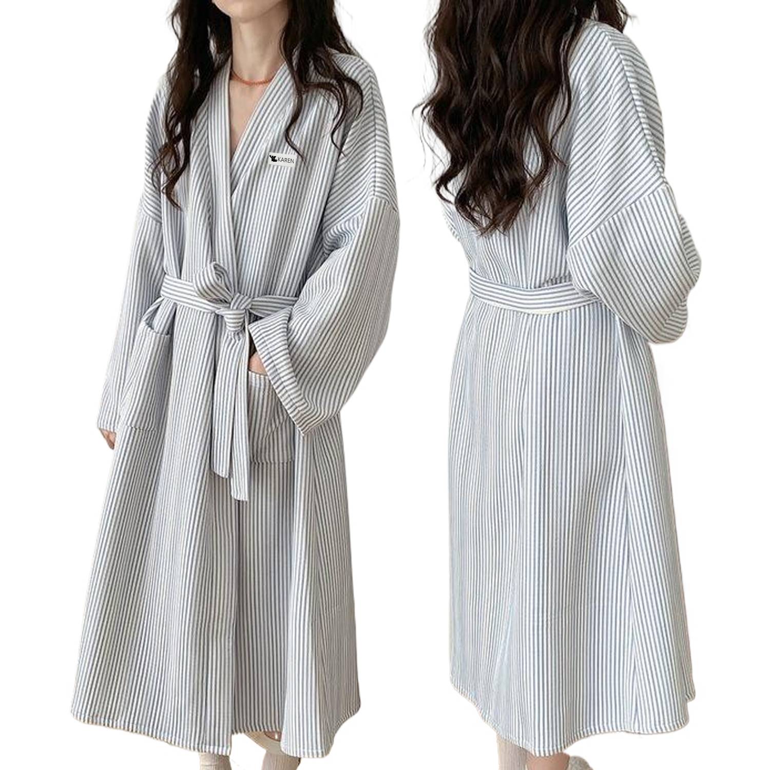 Women Winter Thermal Striped Bathrobe Loungewear 2