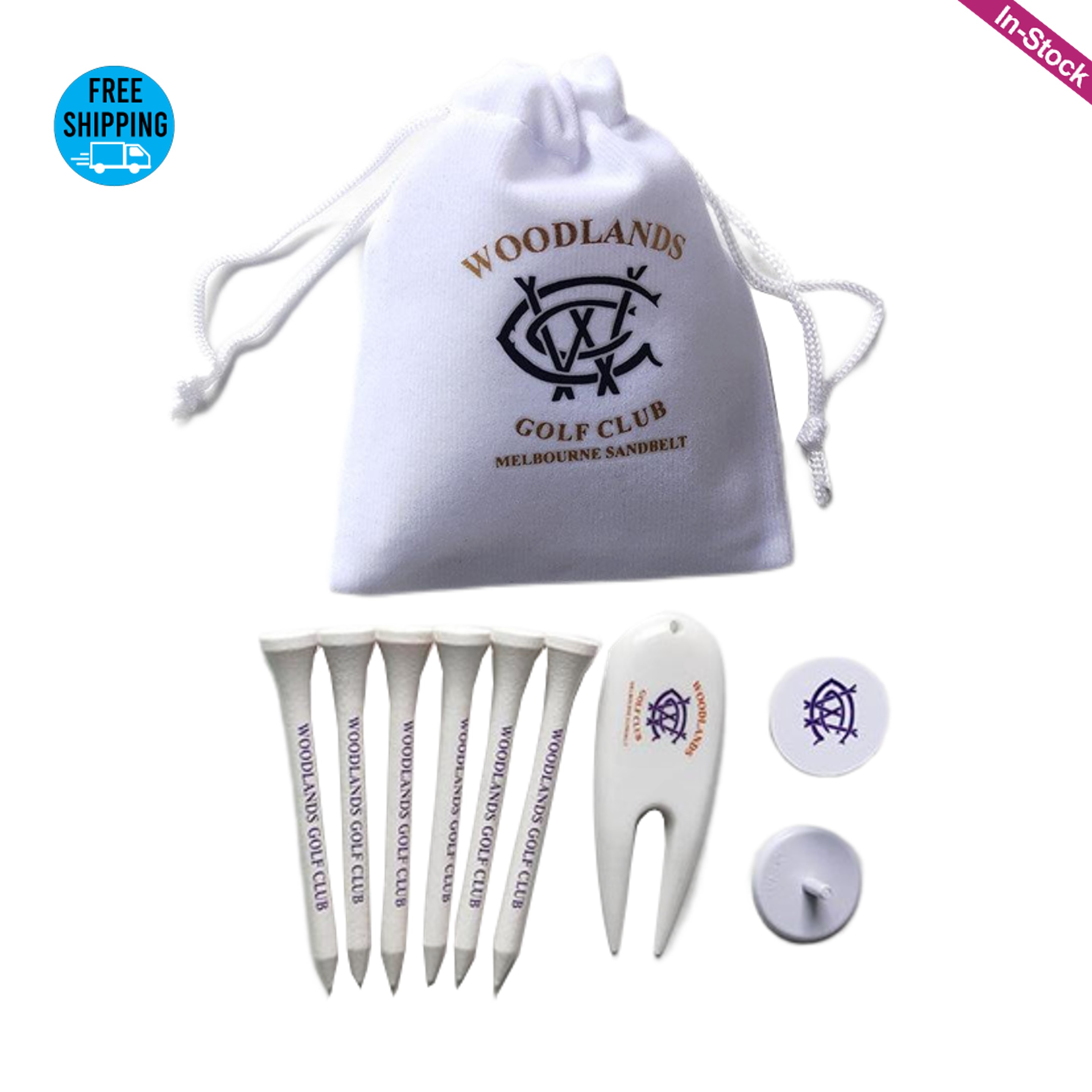 Golf Pack of 6 Tees, 2 Ball Markers, 1 Divot Tool in White Drawstring Bag 2