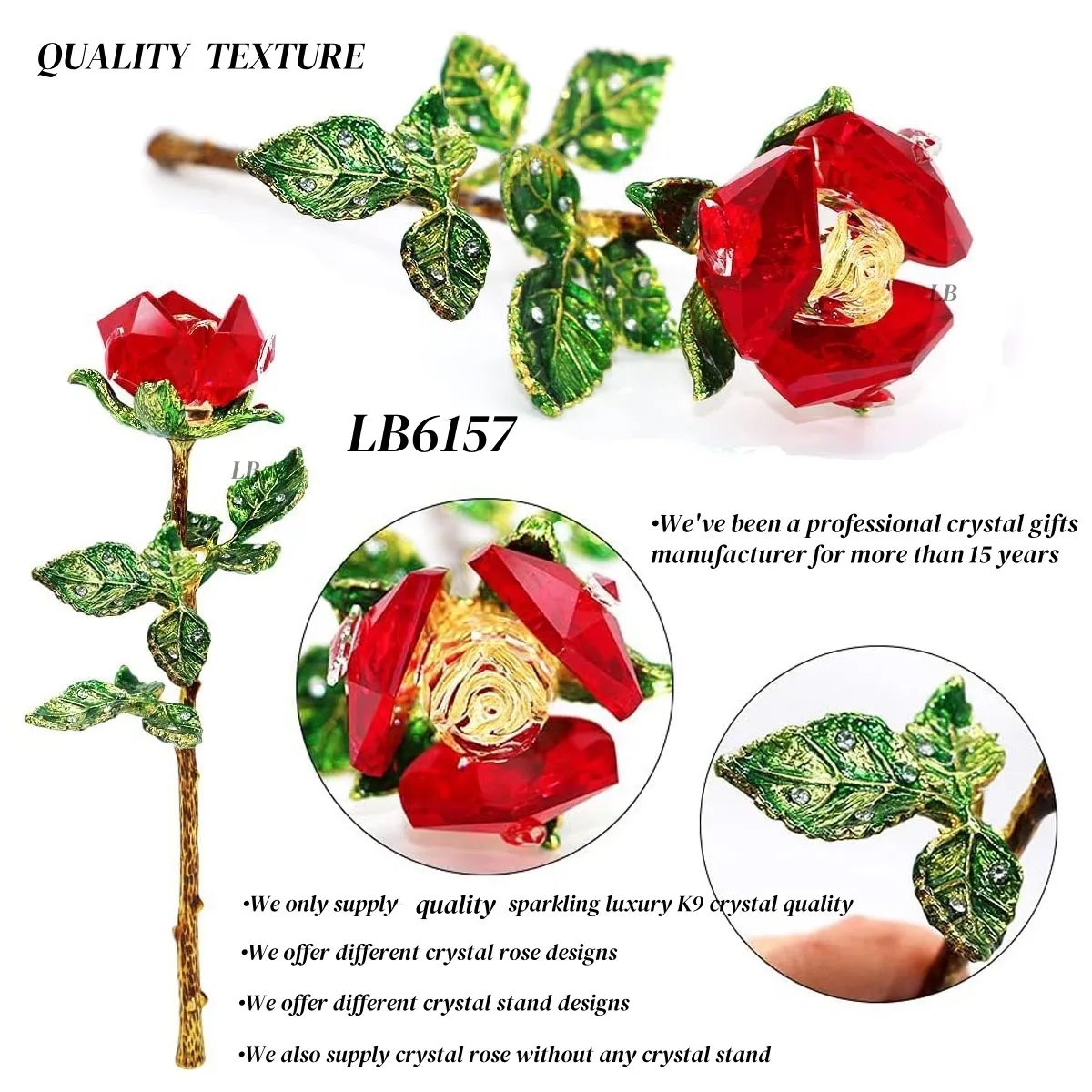 Cut Crystal Rose Flower SET with Stand Romantic Gift for Her 2