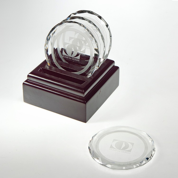 4pcs 3 1/2" Optical crystal coaster with wooden base 1