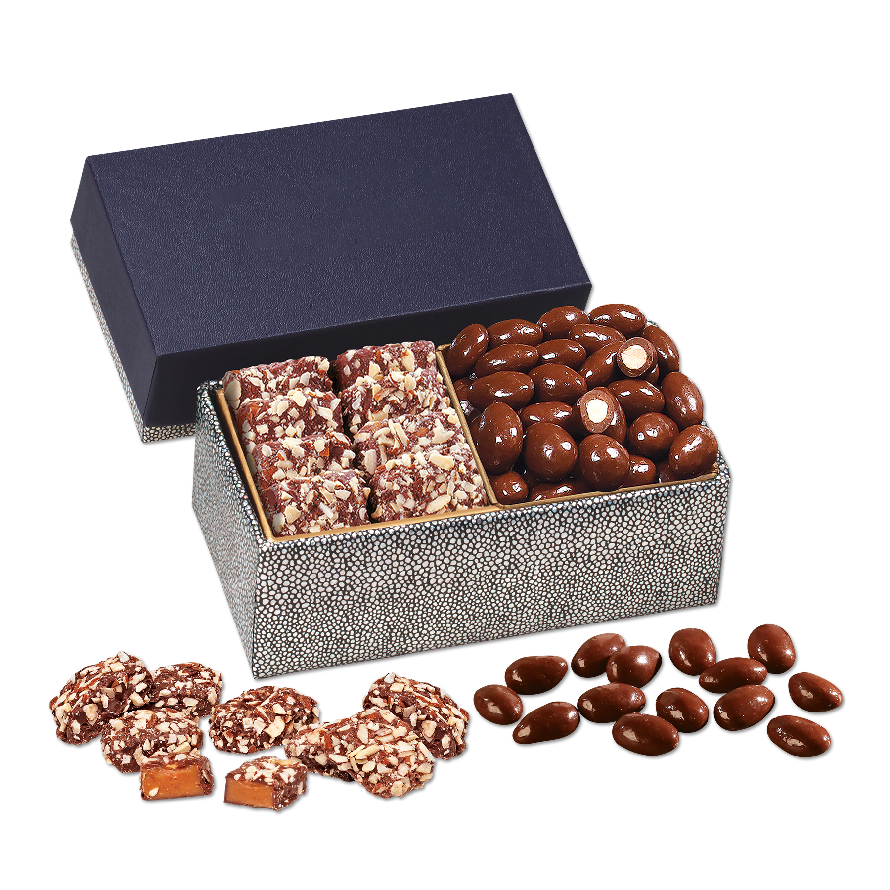 Chocolate Almonds & Toffee in Navy & Silver Gift Box 2